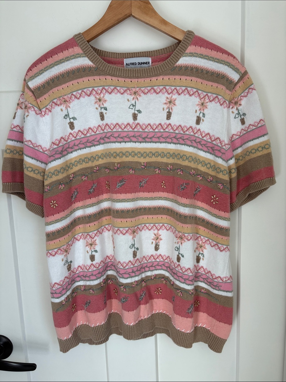 Alfred Dunner Pink, White & Tan Floral Stripe Knit Top